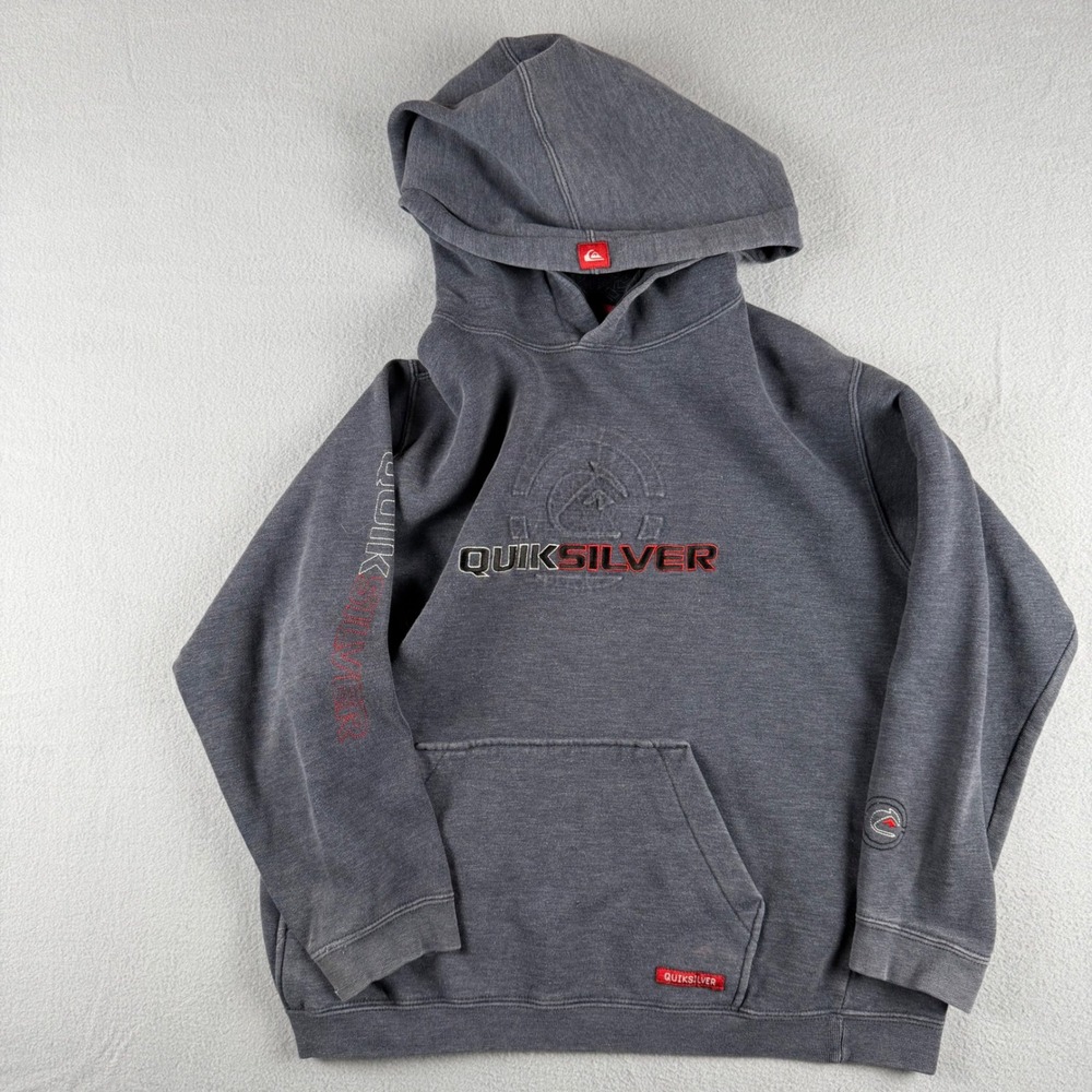 Y2K Quiksilver Boys Small Gray Faded Pullover Hoodie Embroidered Sweatshirt